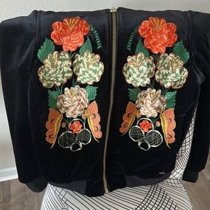 scotch and soda black embroidered bomber acket